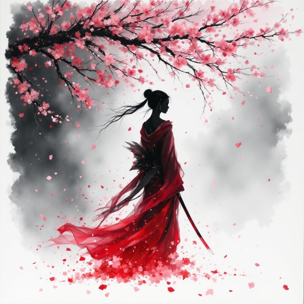 Samurai Woman in Cherry Blossom Storm Watercolor