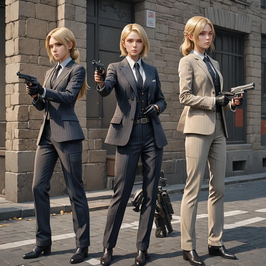 Blonde Women Aiming Pistols: 3D Anime Art