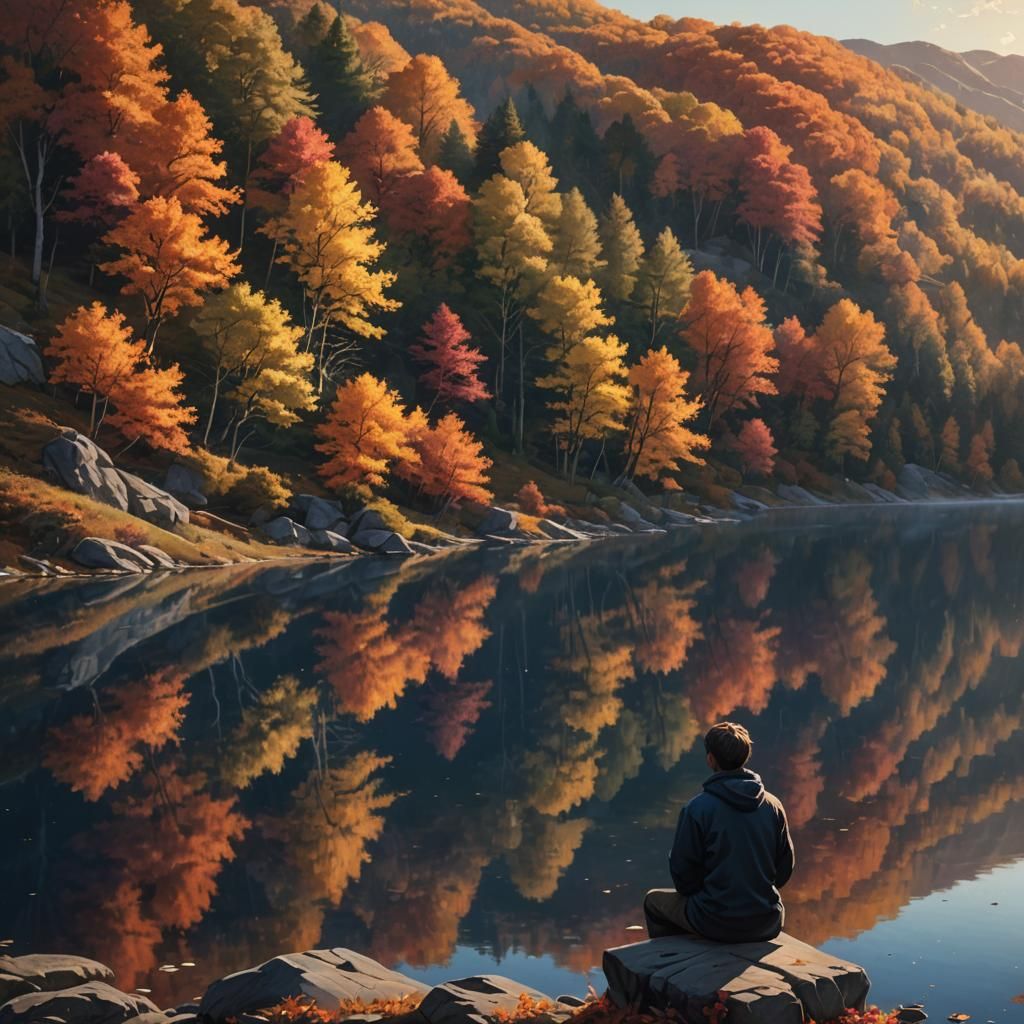 Autumn Lake Scene in Hyperrealistic Style