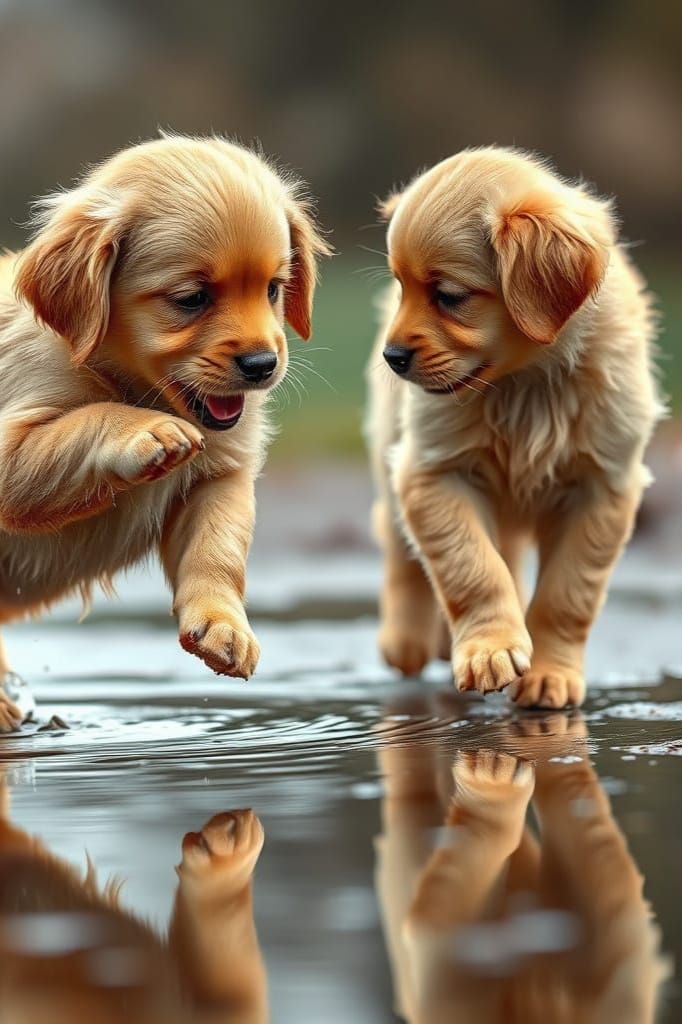 Golden Puppies Play in Sparkling Reflections