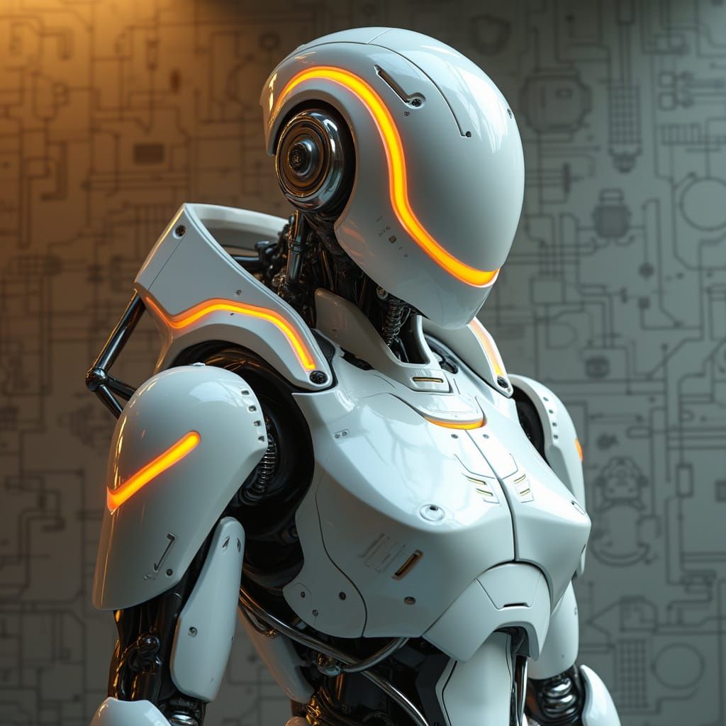 Cyberpunk Robotic Armor in Pristine White with Orange Accent...