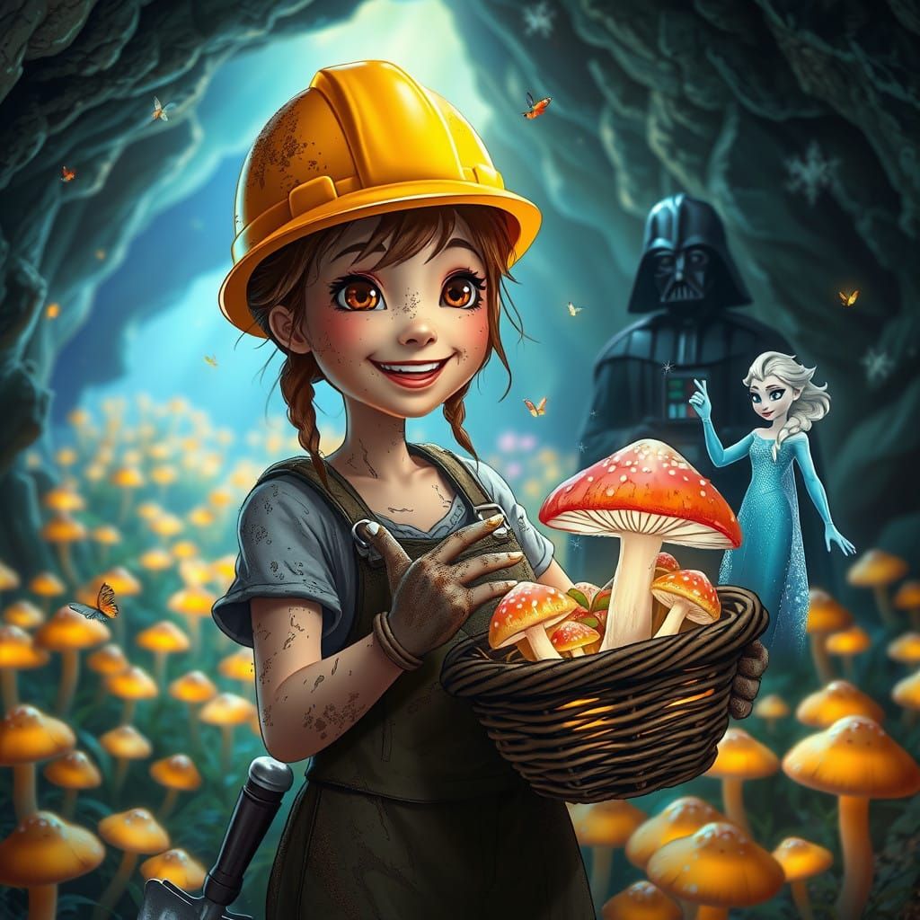 Whimsical Fantasy Scene of Mushroom Farmer in Glowing Cavern