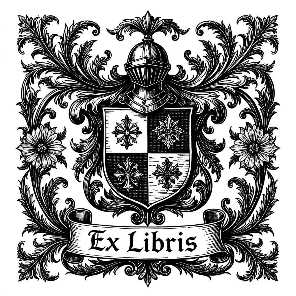 Intricate Heraldic Bookplate in Engraving Style