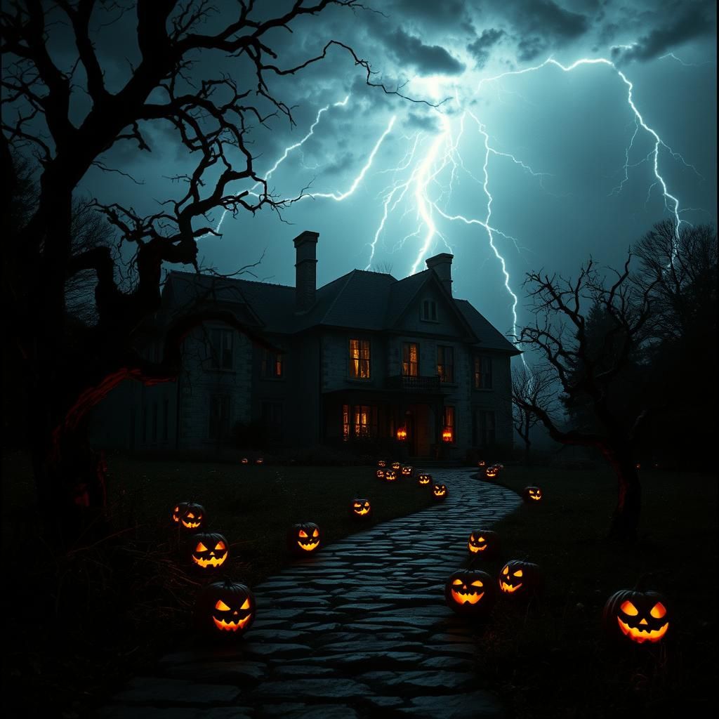 Haunted House and Pumpkins in a Stormy Landscape