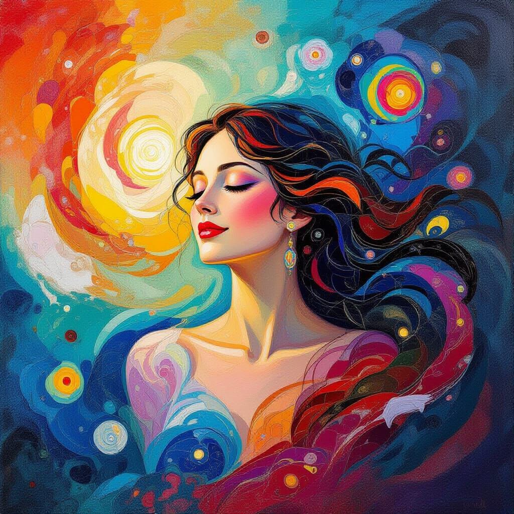 Cosmic Woman Radiating Joy: Liquid Oil Painting
