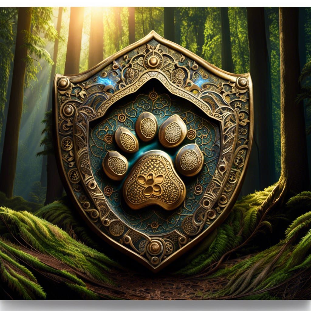 Detailed Paw Print Shield in Forest with Sunbeams