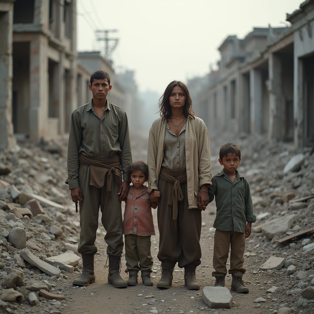 Families Amidst Ruins: Somber Realism
