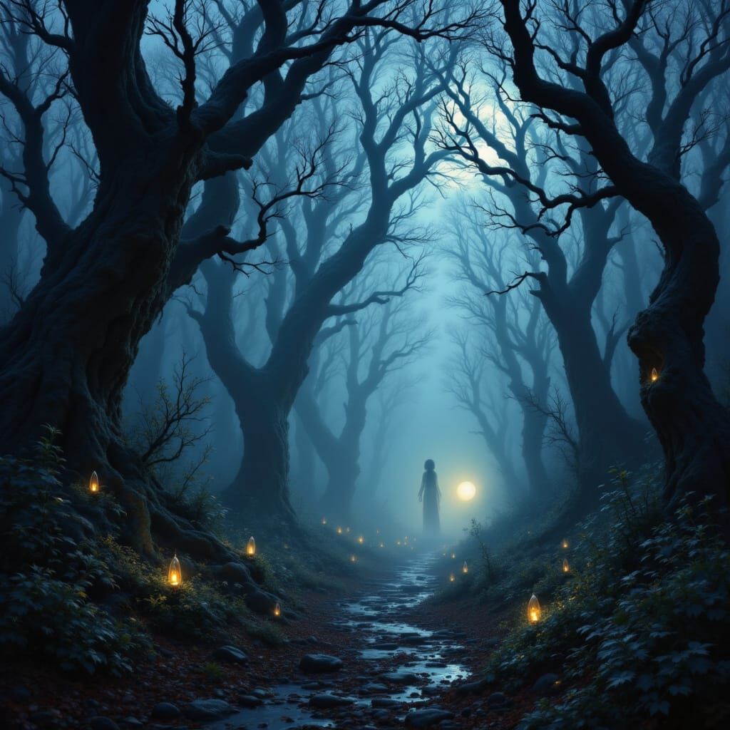 Gothic Twilight Forest Oil Painting with Eerie Light