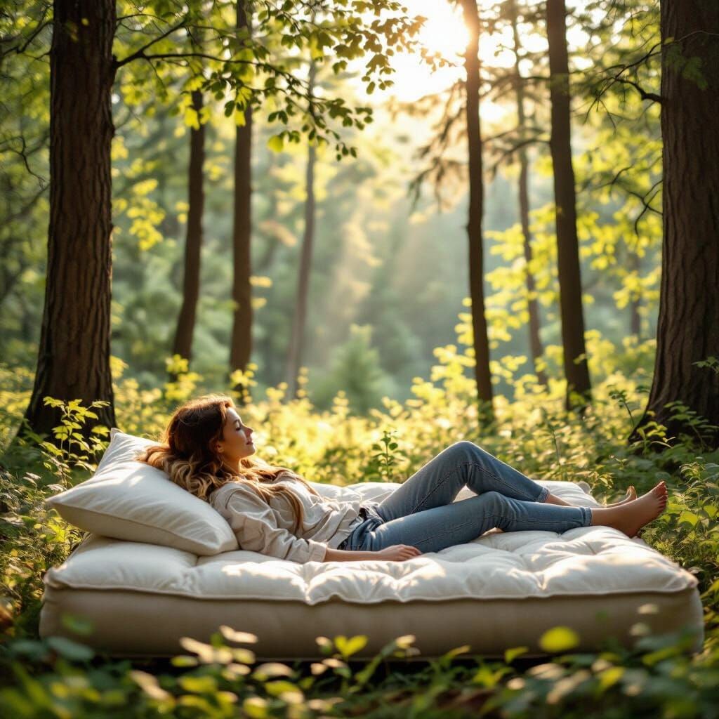 Woman Relaxing on Mattress in Forest, Impressionist Style
