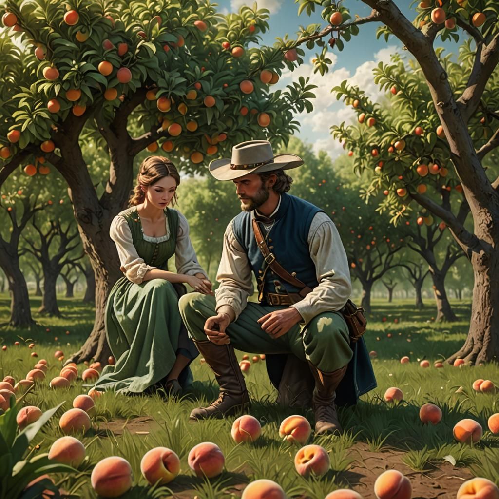 Confederate Man Picking Peach in Orchard, Matte Painting