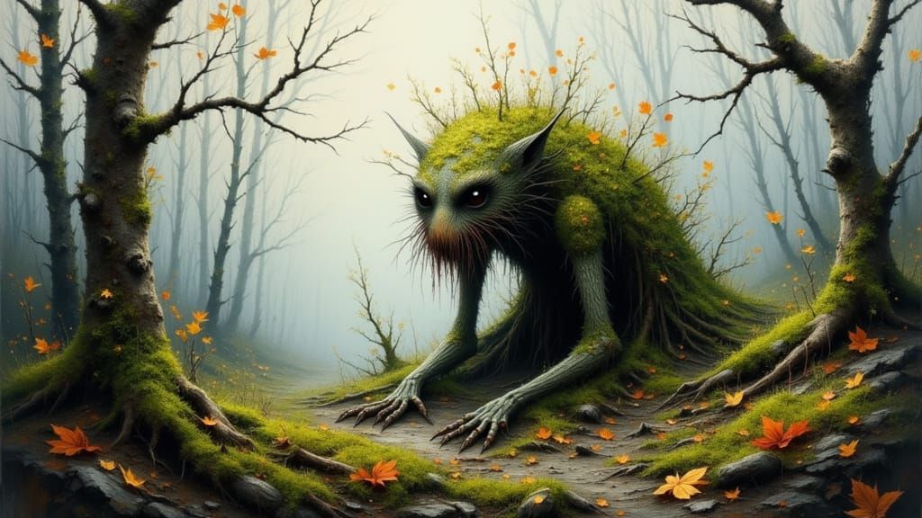 Ethereal Woodland Spirit in Misty Autumn Forest
