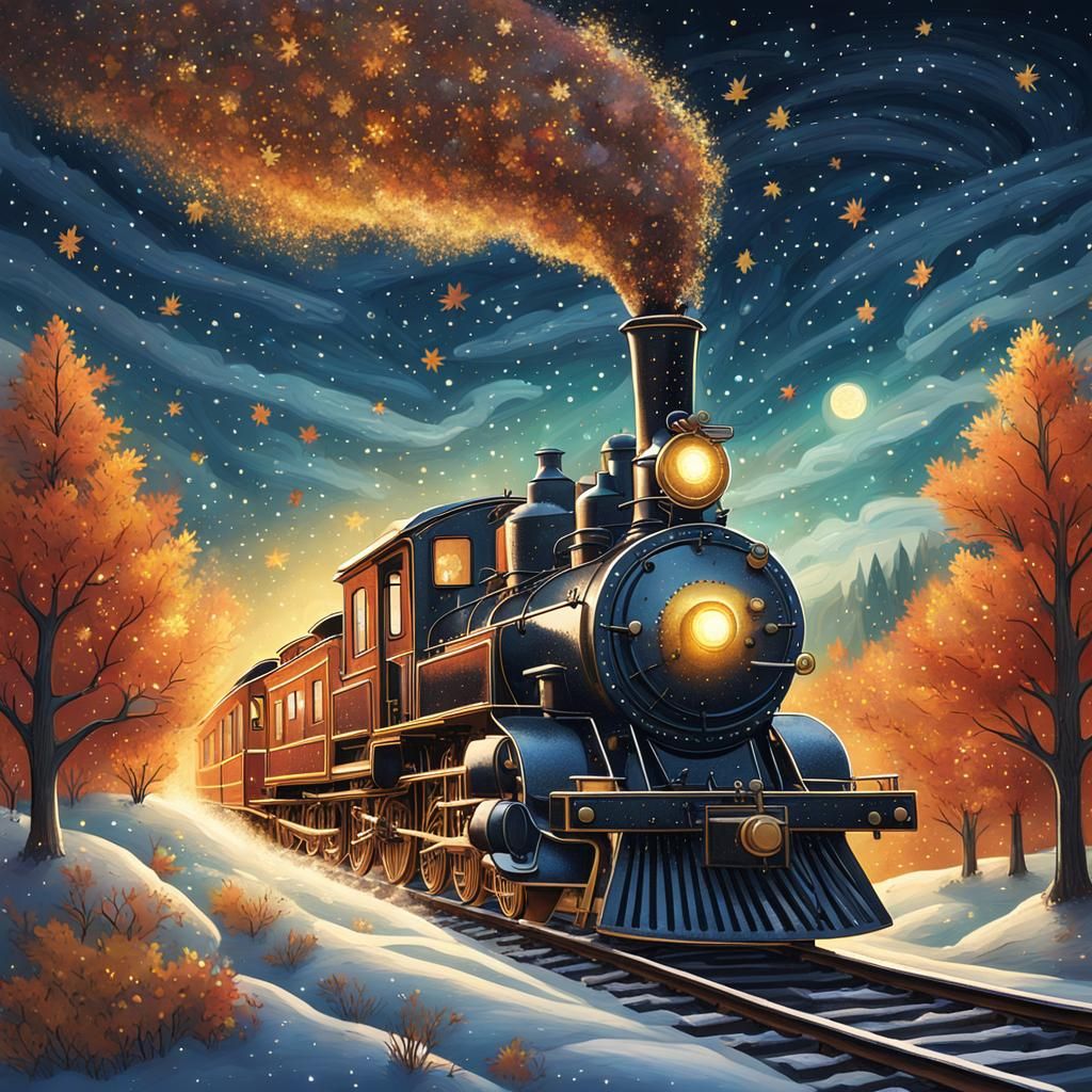 Whimsical Steam Locomotive Flies Through Starry Sky