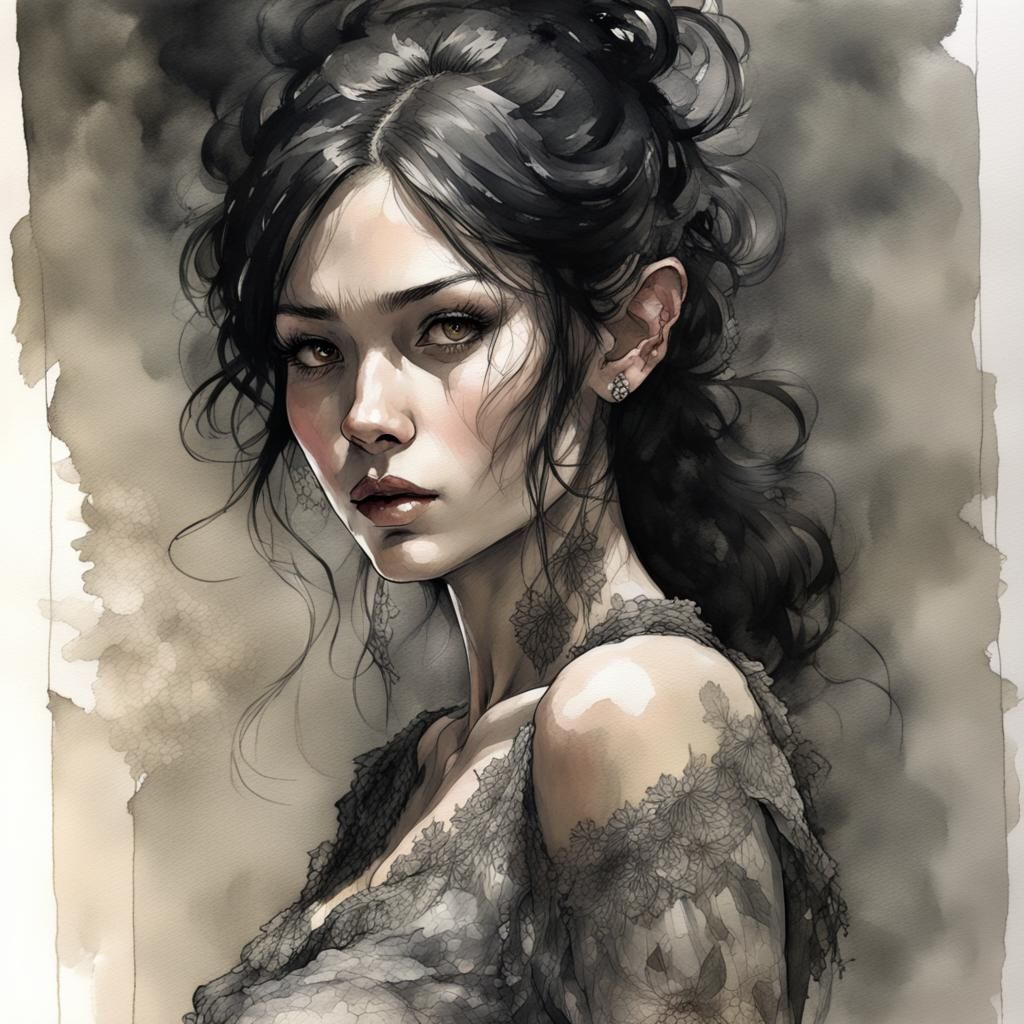 Orc Woman in Lace: Ink and Watercolor Sketch