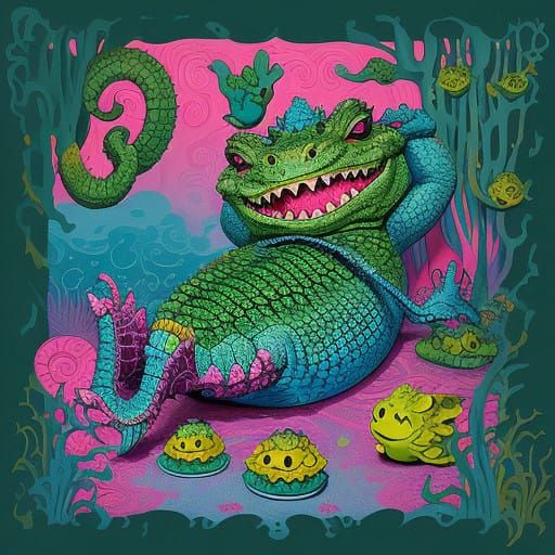 Weary Crocodile in Whimsical Candyland Wonderland