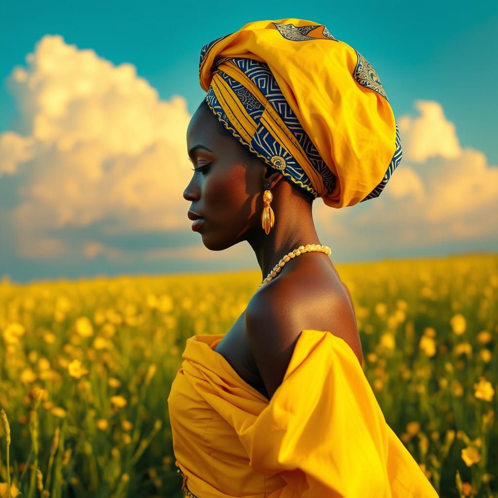 Stunning Black Woman in Vibrant Yellow Gown Amidst Sun-Kisse...