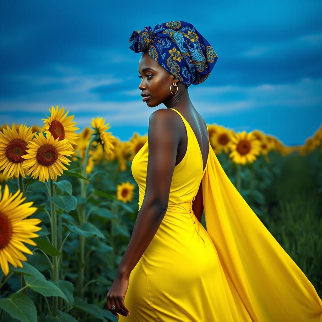 Elegant Black Woman in Yellow Gown Amidst Vibrant Sunflowers