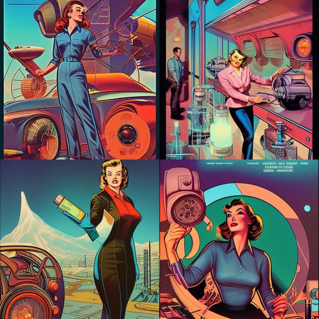1950s Female Scientist in Retrofuturistic Comic Art