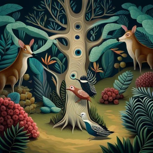 Enchanted Surrealist Forest Illustration in Vintage Style
