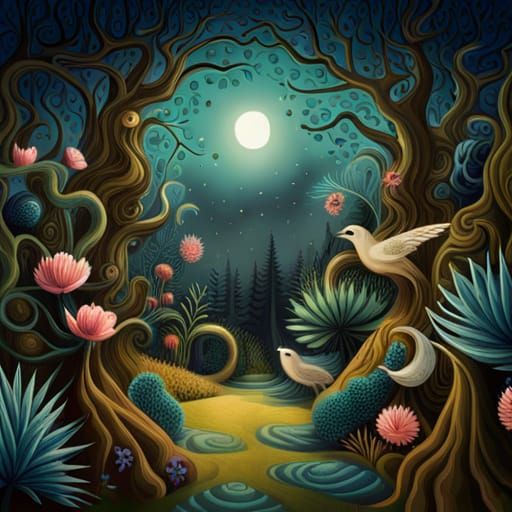 Surreal Enchanted Forest Illustration in Vintage Style