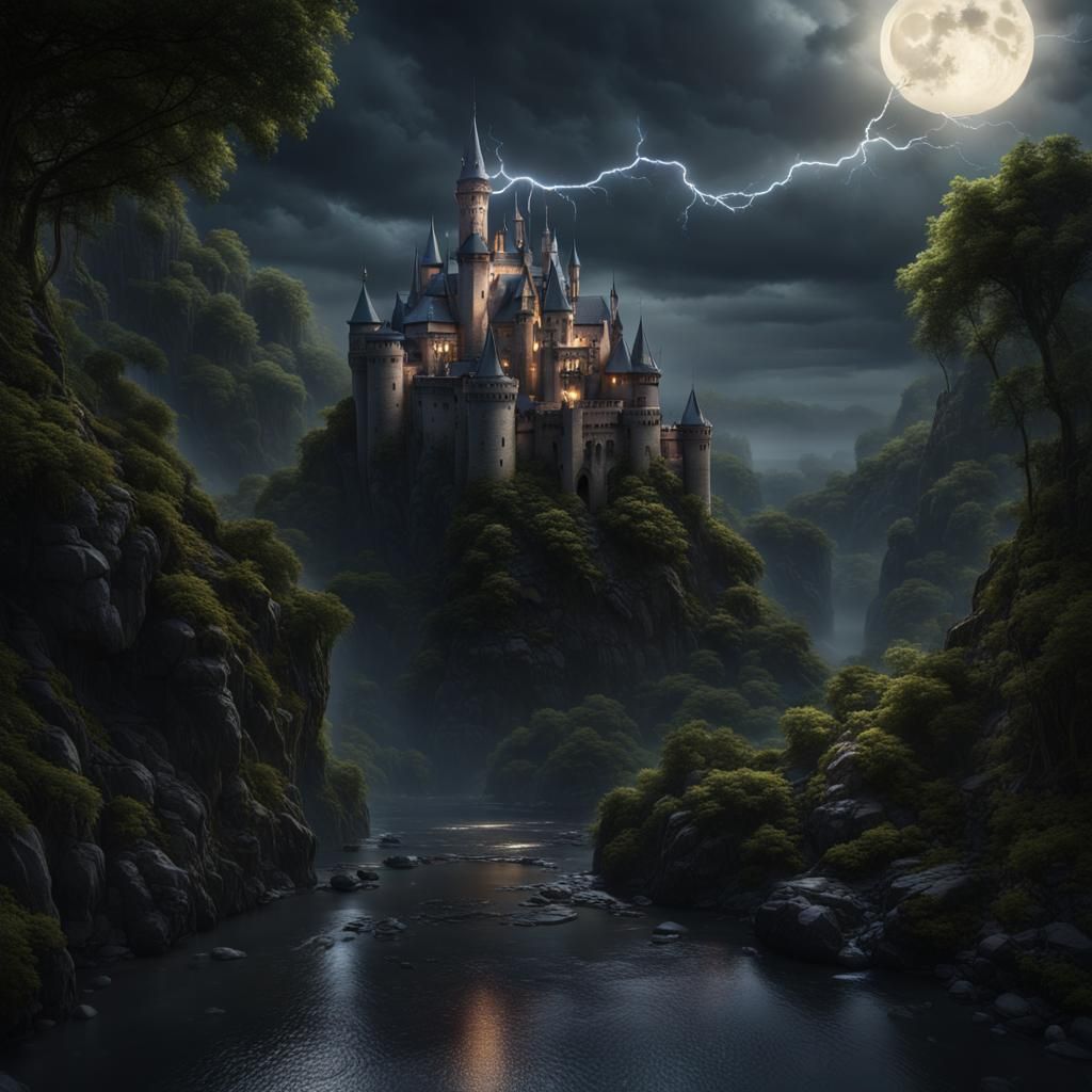 Steel Castle in Moonlight During a Storm