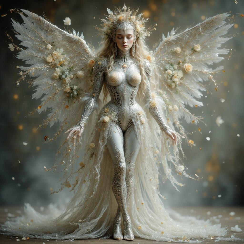 Elegant Cyborg Angel with Metal Florals in Anime Style