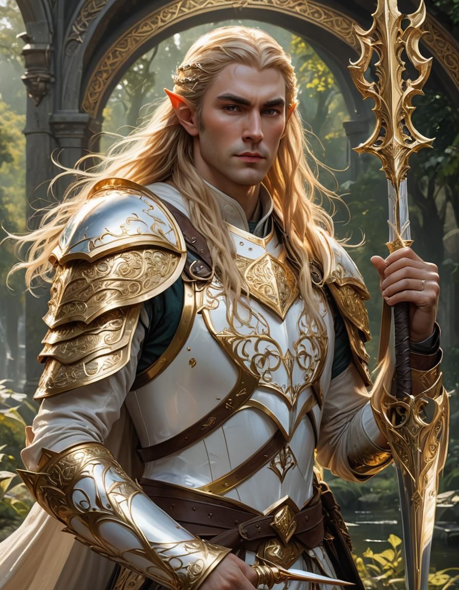 Elven Warrior in Golden Armor, Digital Art
