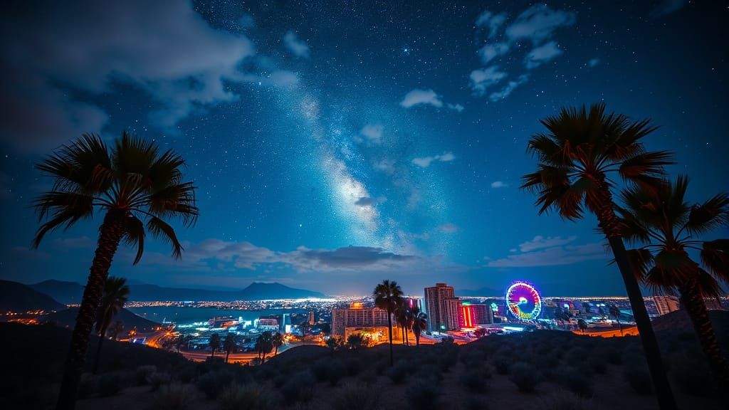Neon Desert Dreamscape: City Lights and Milky Way