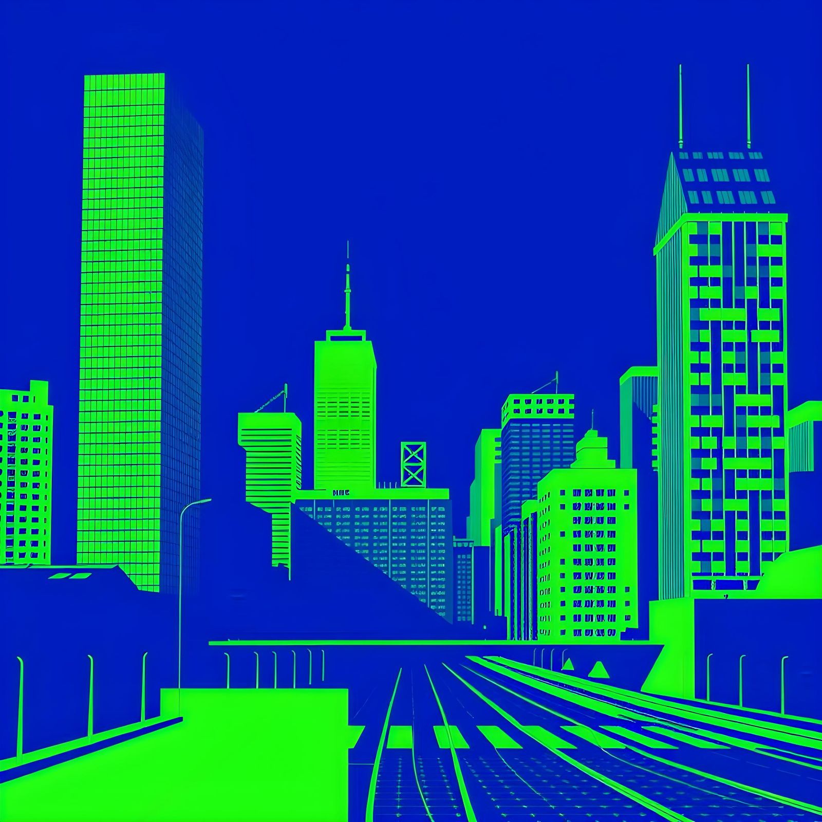 Blue-Green Metropolis with Surreal Layered Patterns