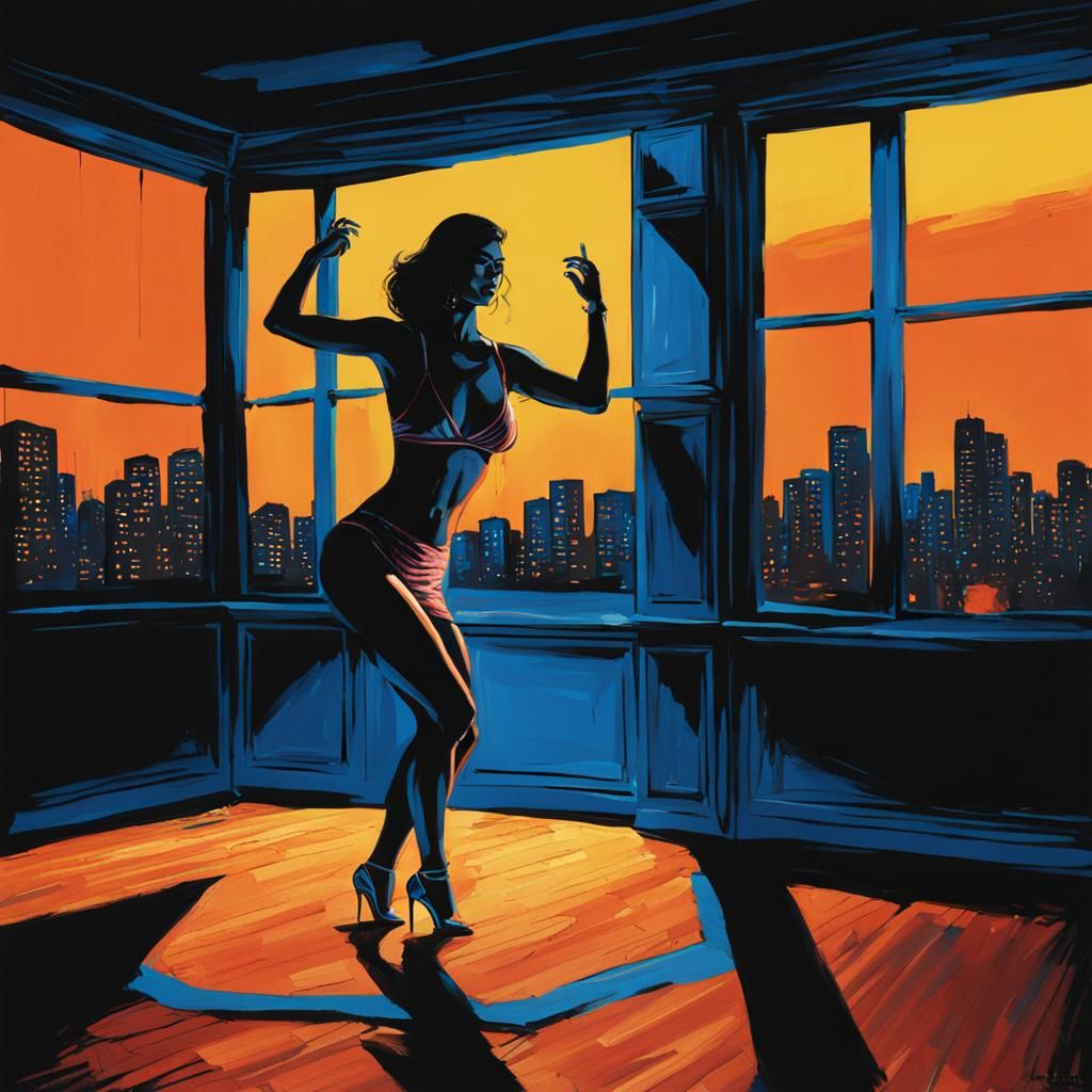 Lonely Latina Dancer in Neon-lit Room