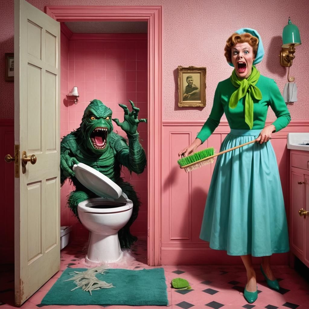 1950s Housewife Confronts Toilet Monster