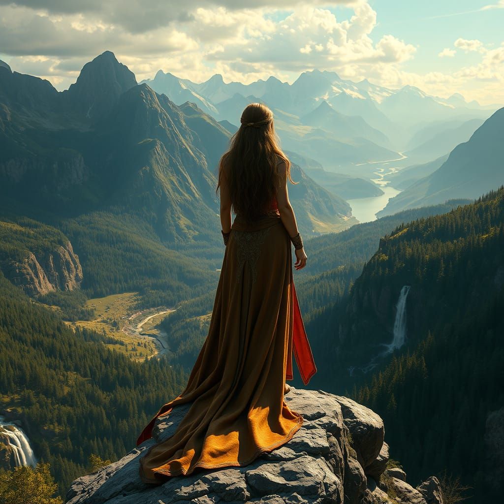 Regal Woman Surveys Sweeping Landscape in Digital Art