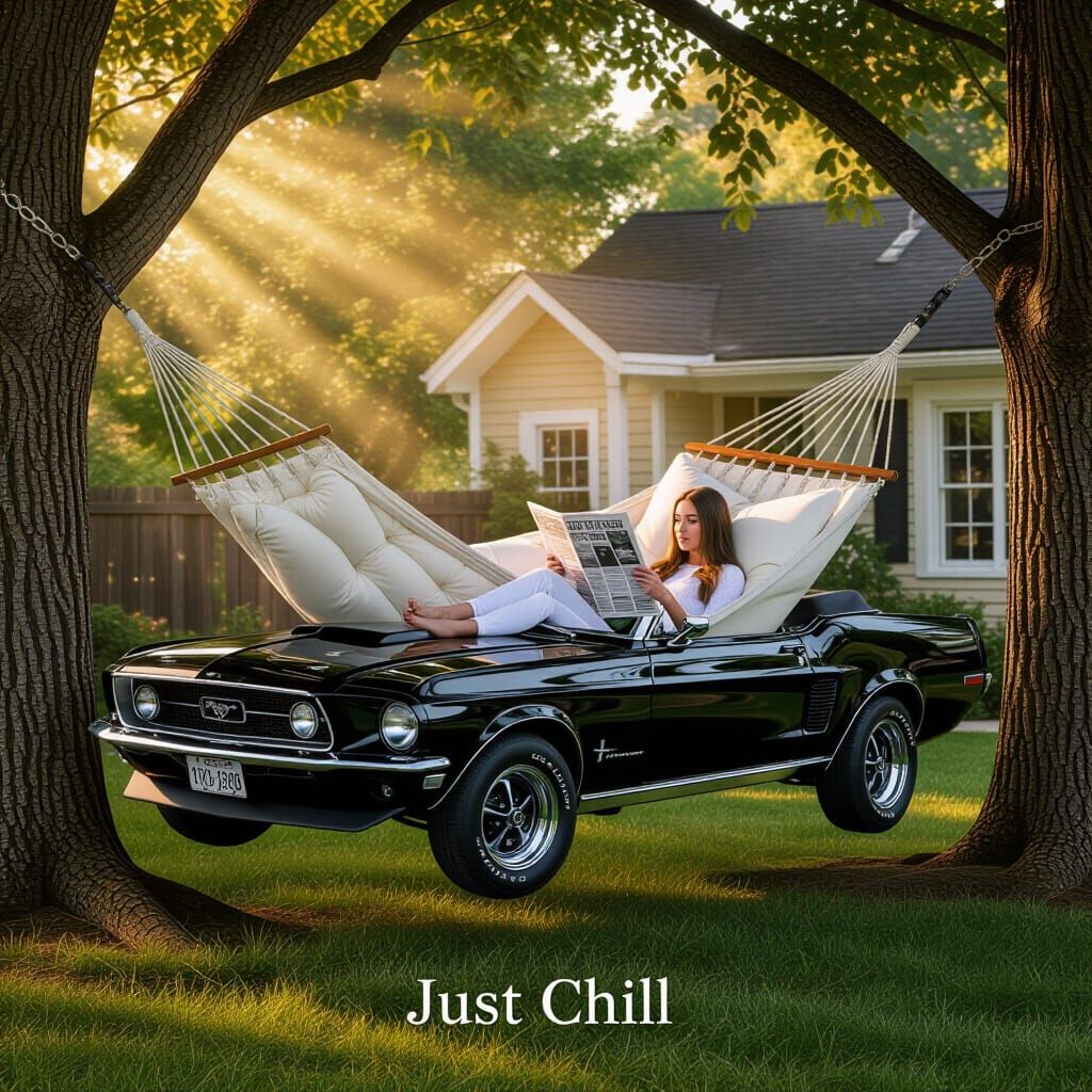 Surreal 1960s Muscle Car Hammock Between Trees