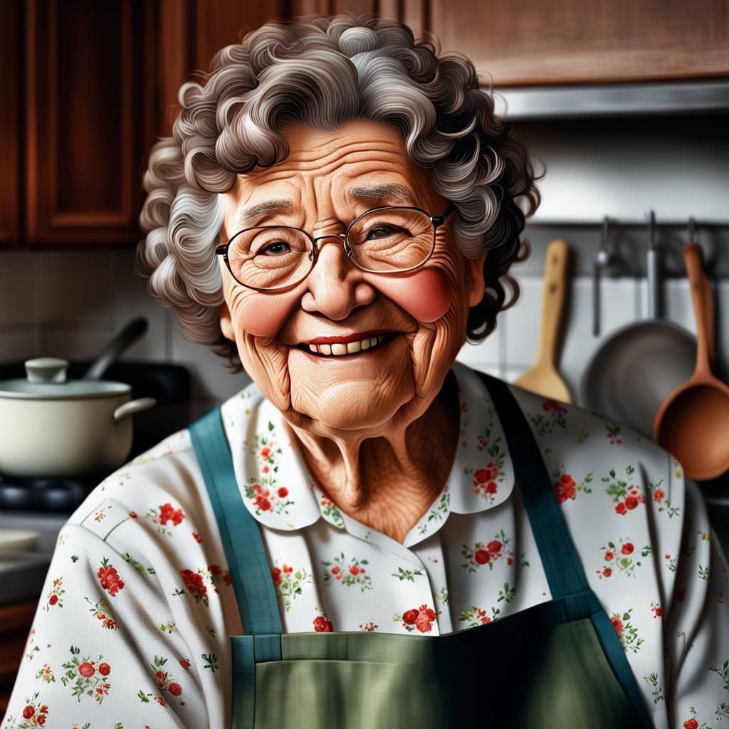 Hyperrealistic Portrait of a Smiling Old Lady