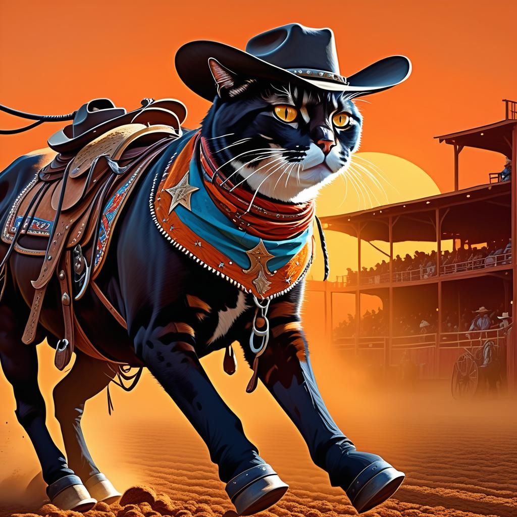Cowboy Cat Rides Bull: Western Digital Art