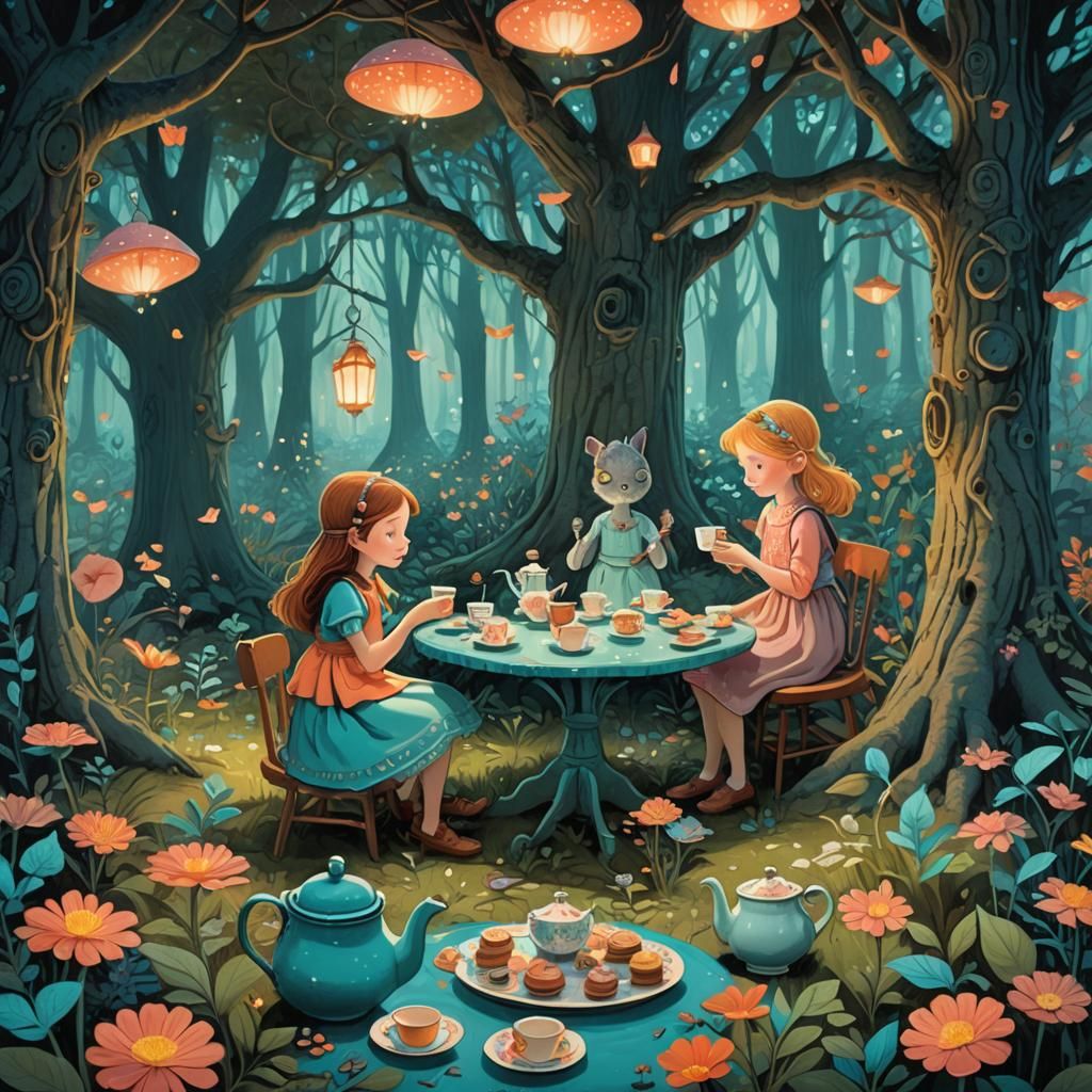 Magical Tea Party in Mystical Forest: Fantasy Art