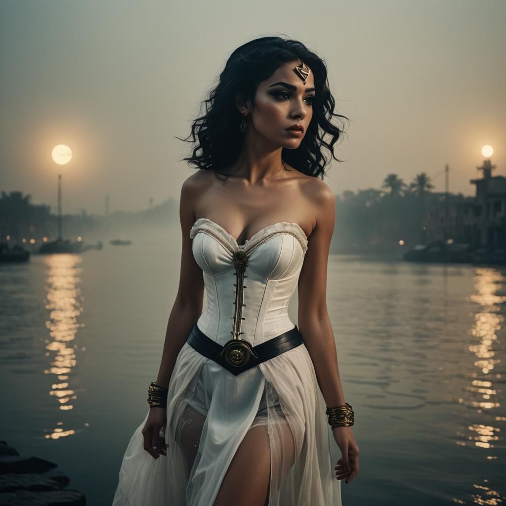 Egyptian Superheroine on Misty Waterfront in Film Noir