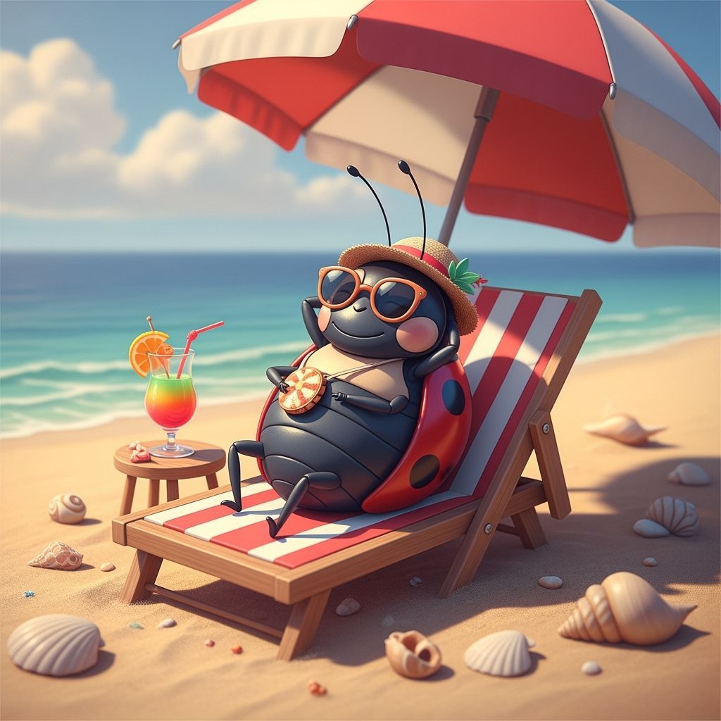 Ghibli-Style Ladybug Lounging on a Beach