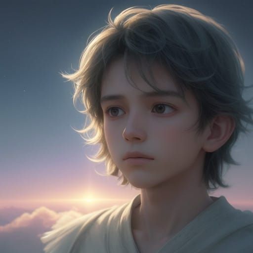 Ethereal Boy in Soft, Celestial Glow with Gentle Clouds