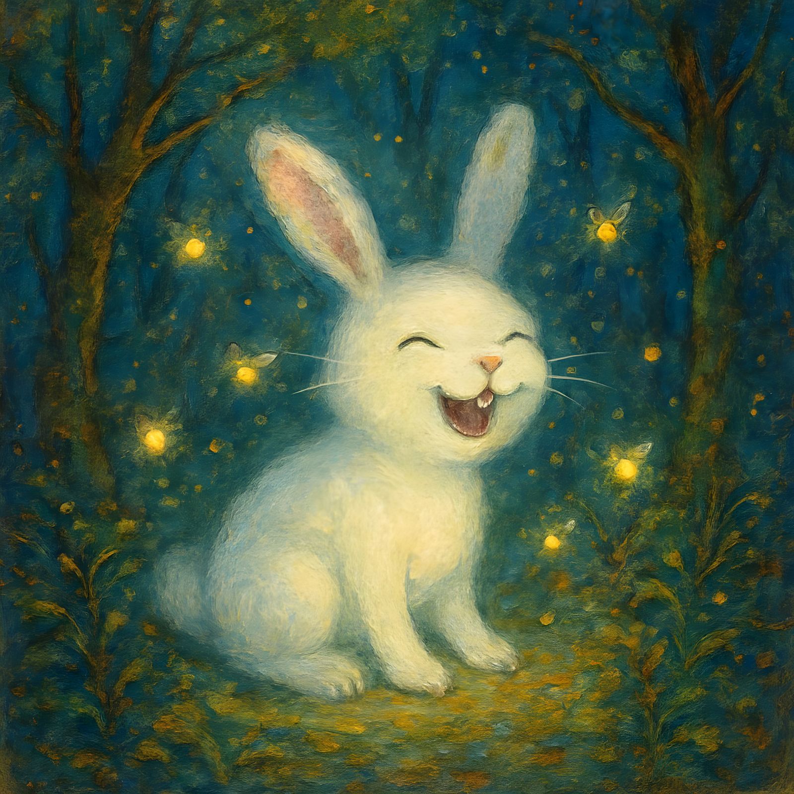 Enchanted Forest Laughing Bunny in Encaustic Style