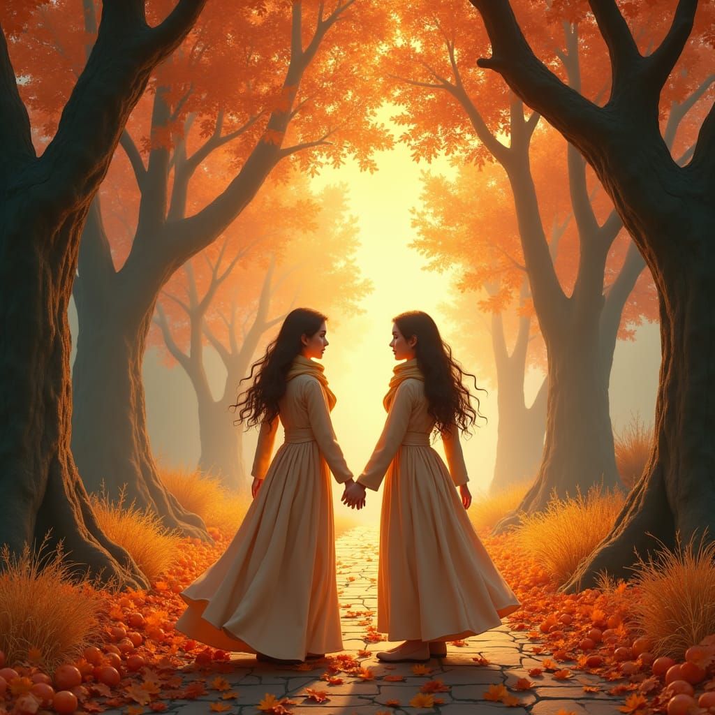 Autumn Girls in Golden Light, Digital Art