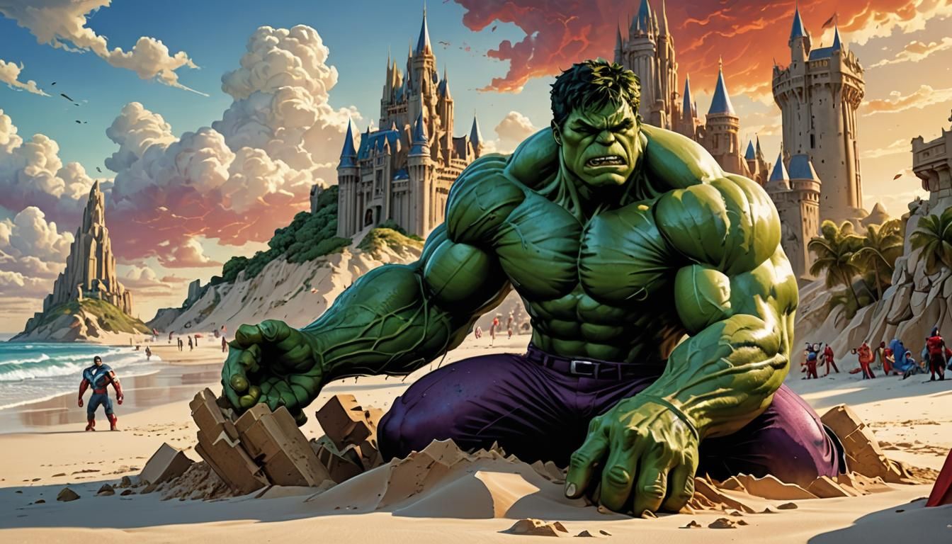 the Incredible Hulk sitting the sand, building a Sand Castle