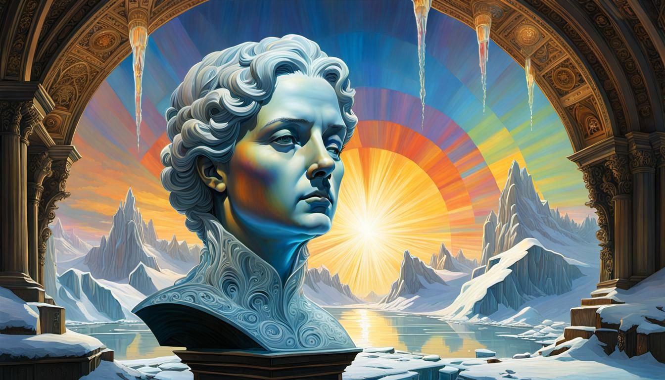 Melting Derelict Ice Statue Head with Rainbow Light