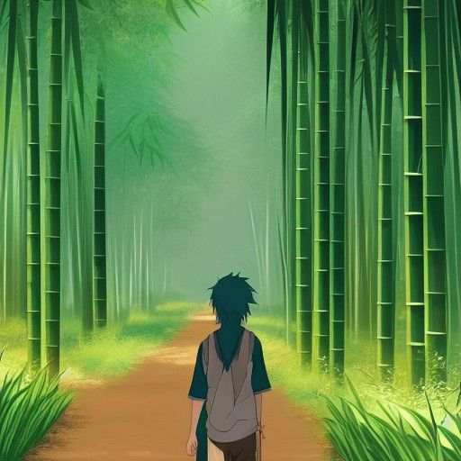 Green-Haired Boy in Bamboo Forest: Ghibli-Style