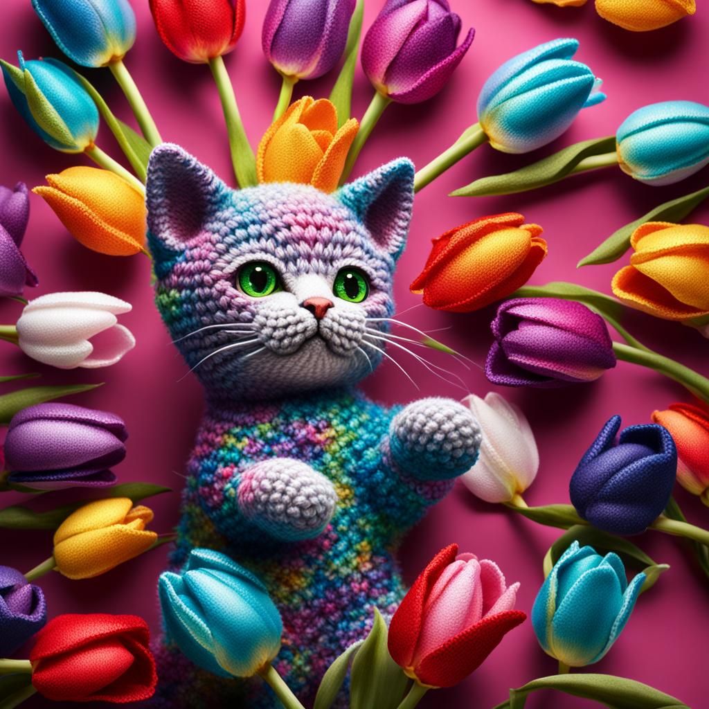 Hyperrealistic Crocheted Kitten in Tulip with Glitter