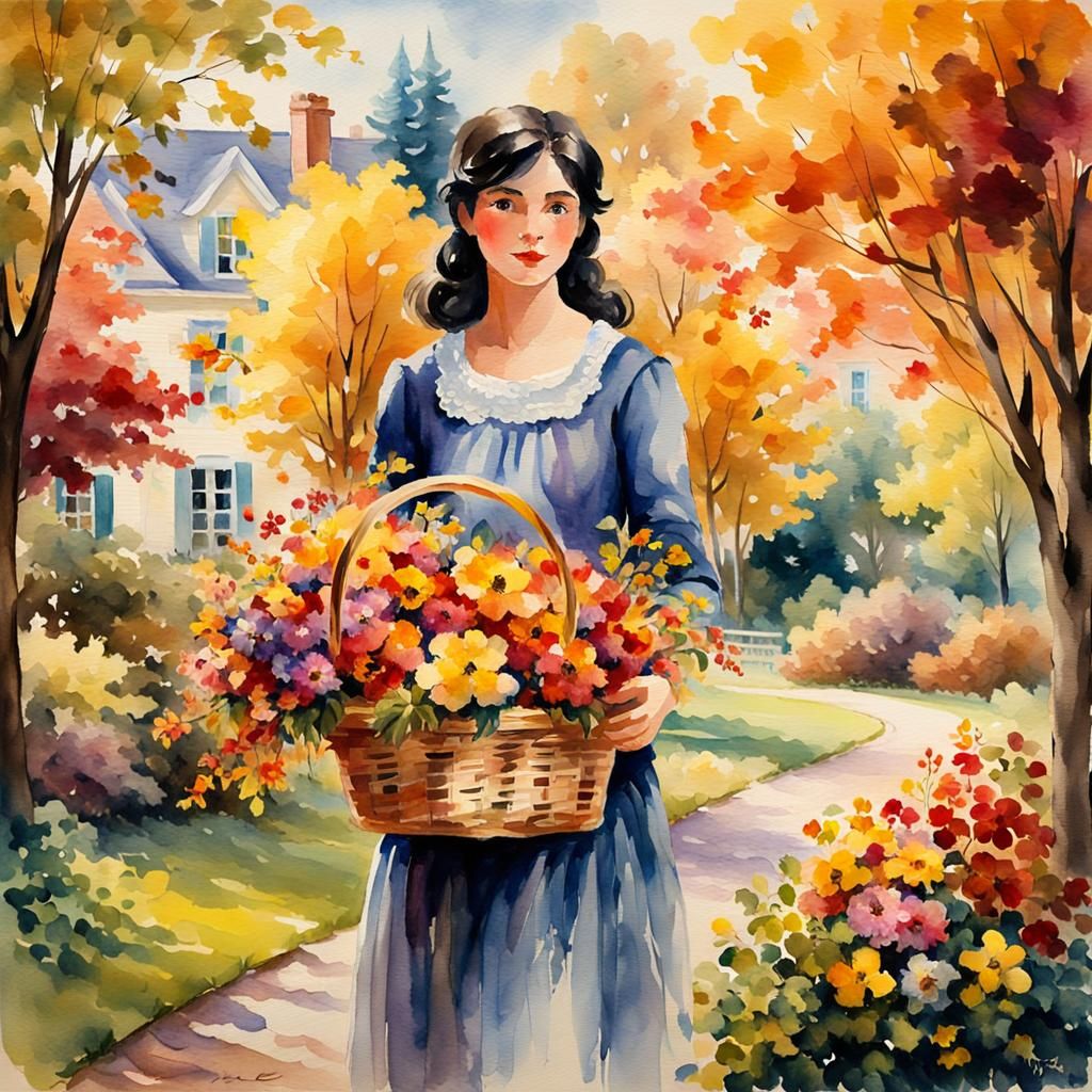 Woman with Flowers in Lush Garden Watercolor