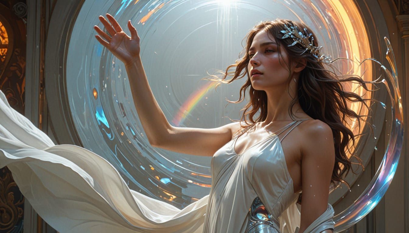 Elegant Woman Enthralled by Liquid Chrome