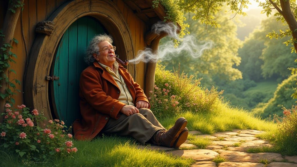 Bilbo Baggins Blows Smoke Rings Outside Hobbit Home