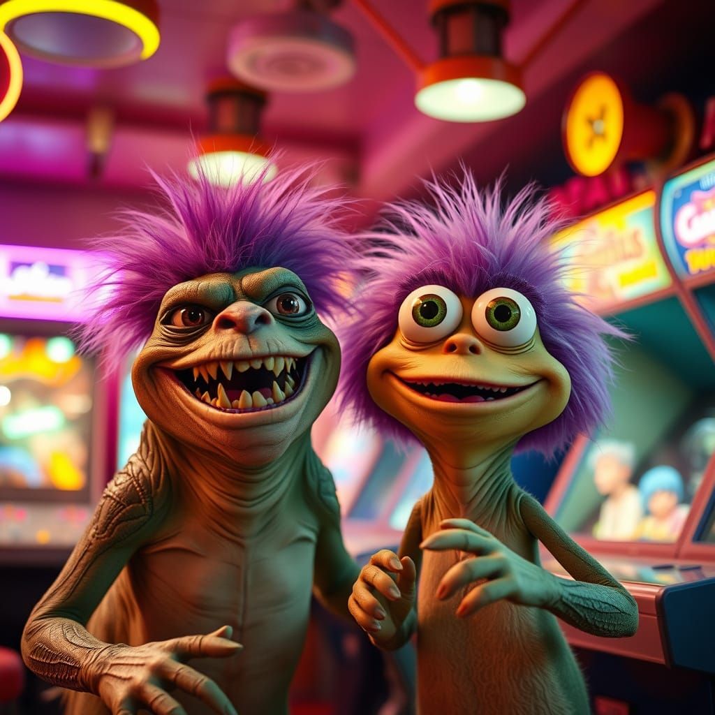 Monsters in a Vibrant Retro Arcade