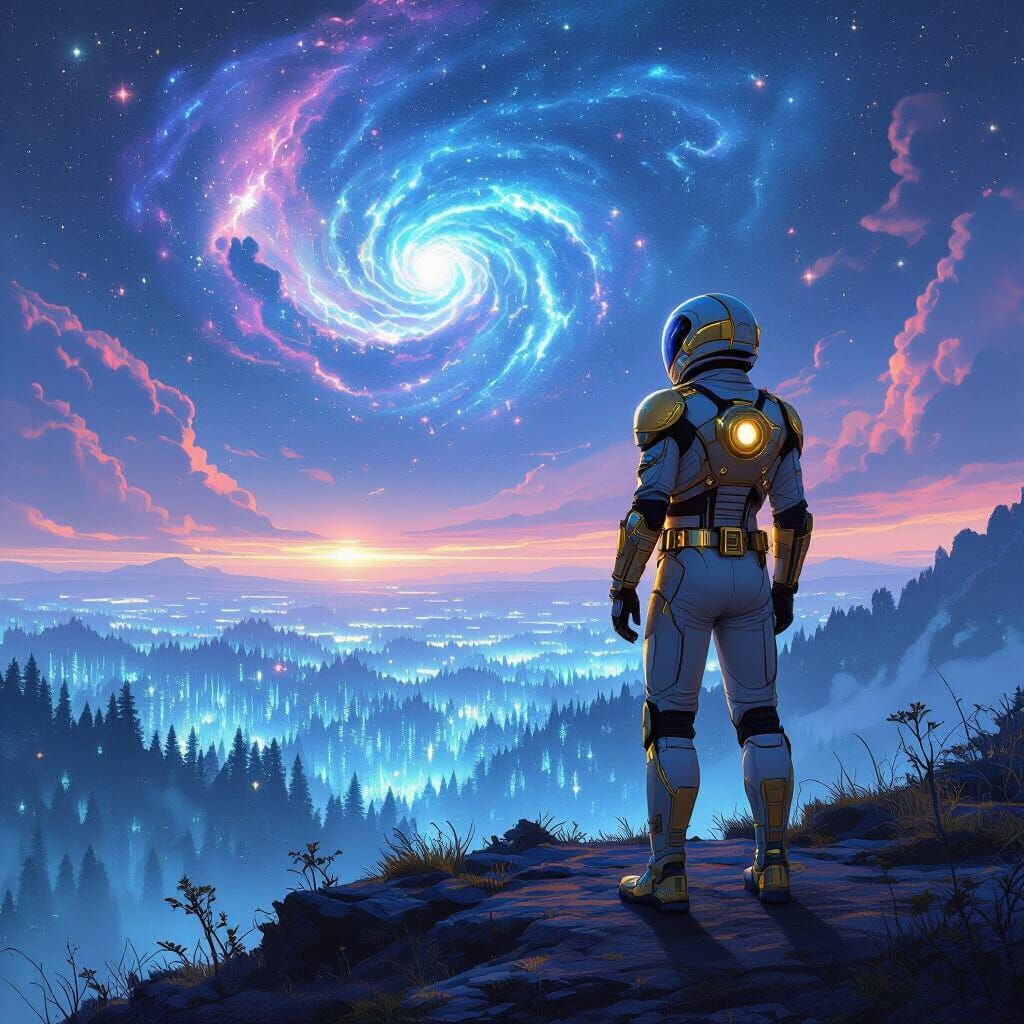 Retro-Futuristic Traveler Gazes at Bioluminescent Forest