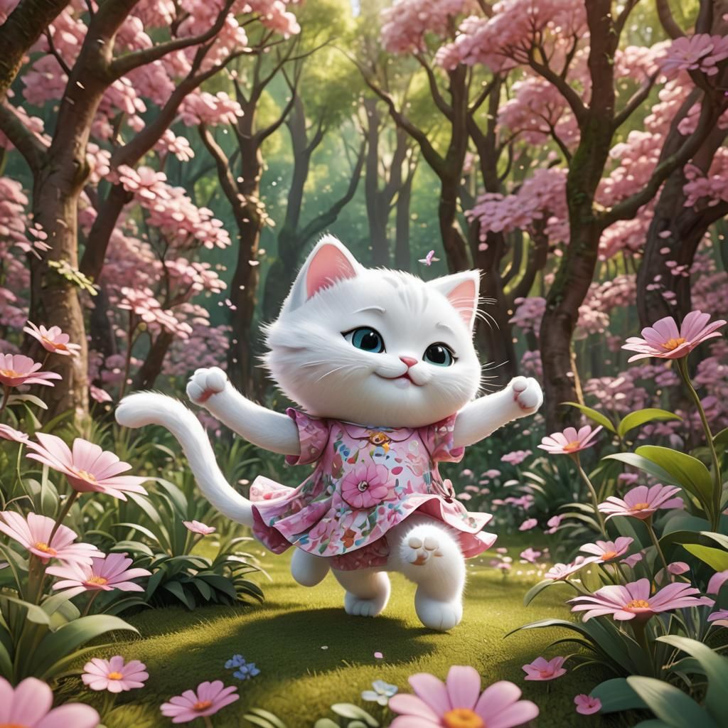Cute Kitty Dancing in Floral Forest: 3D Digital Art